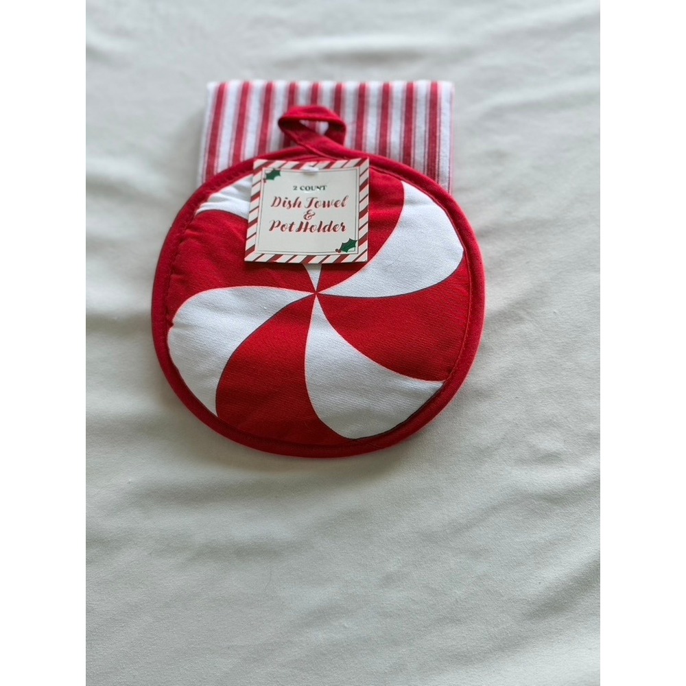 Christmas Peppermint Pot Holder and Striped Dish Towel Set 2 Count Red White